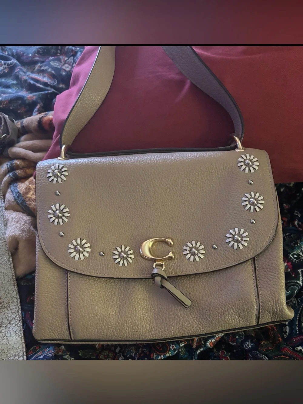 Coach Pebble Leather Shoulder Bag in Taupe w/Daisy accents & Gold Hardware